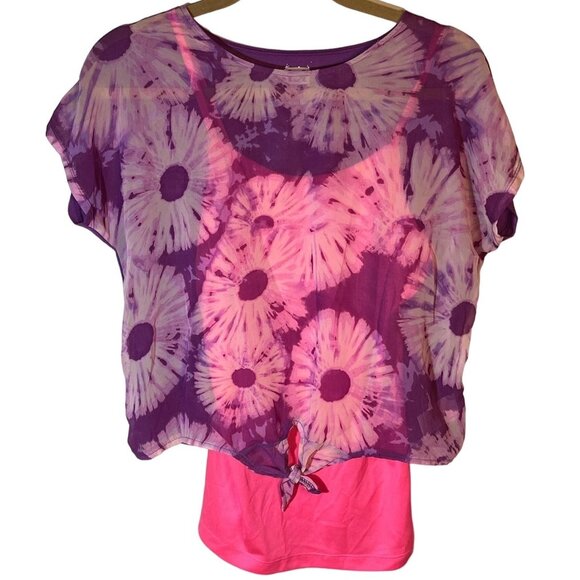 Lei shirt layered tank top under flowers tie at bottom polyester pink  XLREAD - Picture 1 of 10